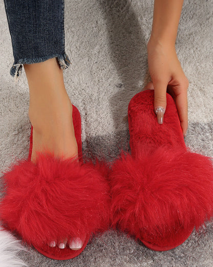 Solid Color Long Plush Fuzzy Flat Slippers