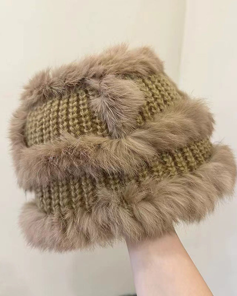 Rabbit Fur Knitted Earflap Wool Thermal Bucket Hat