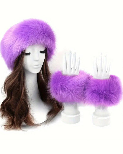 2pcs Set Solid Color Acrylic Fuzzy Beanie Hat And Cuffs