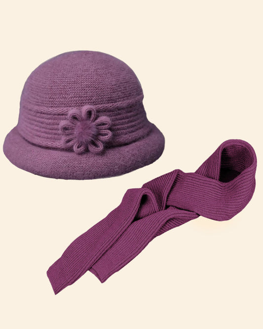 Knitted Flower Jacquard Fleece-Lined Warm 2-Piece Bucket Hat & Scarf Set