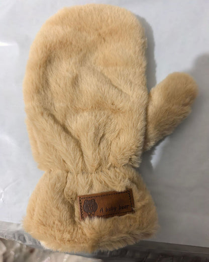 Angora Solid Color Leather Patch Thickened Insulated Gloves