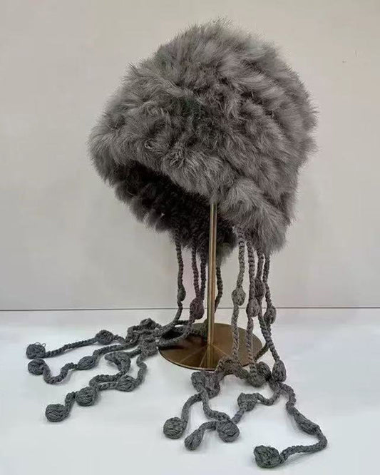 Hand-Knitted Rabbit Fur Plush Ear-Flap Hat