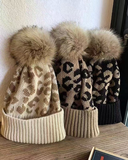 Casual Leopard Patchwork Fuzzy Thick Knitted Beanie Hat