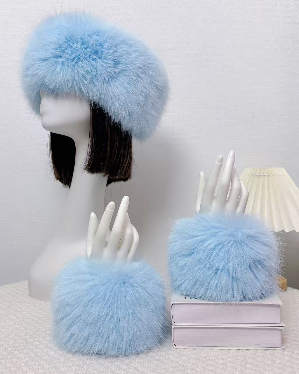 2pcs Set Solid Color Acrylic Fuzzy Beanie Hat And Cuffs