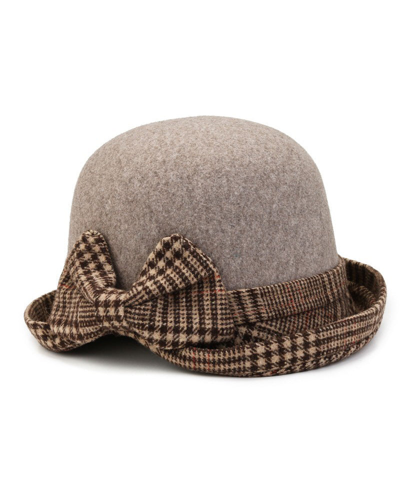 Plaid Bow Tweed Warm Bucket Hat