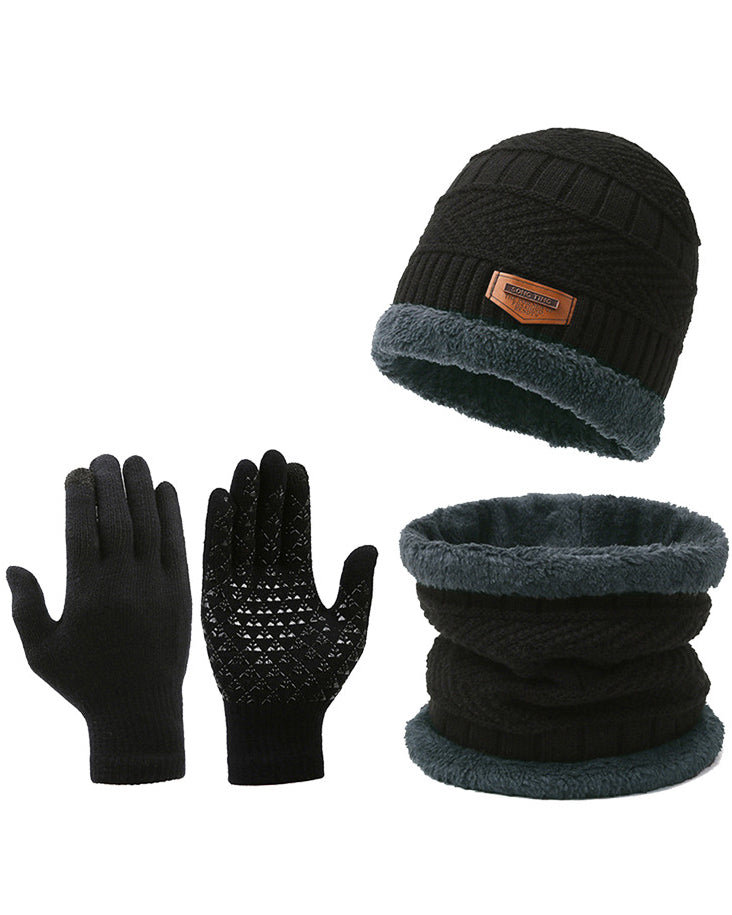 Thickened Knitted Hat Wool Gloves Scarf Hat Plus Velvet Three-piece Set