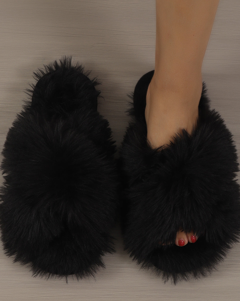 Long Plush Fuzzy Criss Cross Warm Cotton Slippers