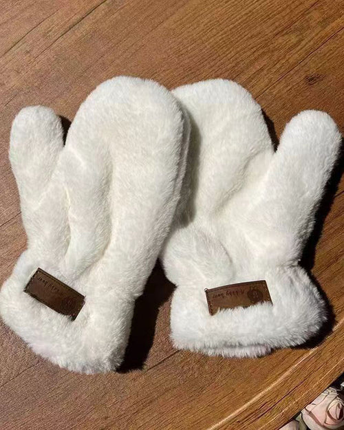 Angora Solid Color Leather Patch Thickened Insulated Gloves