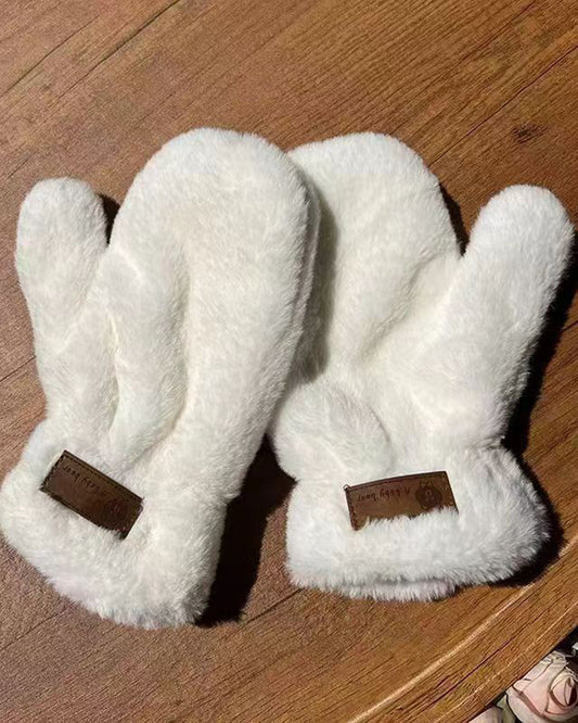 Angora Solid Color Leather Patch Thickened Insulated Gloves