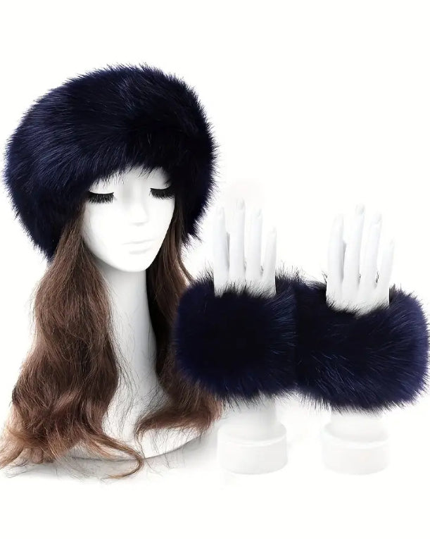 2pcs Set Solid Color Acrylic Fuzzy Beanie Hat And Cuffs