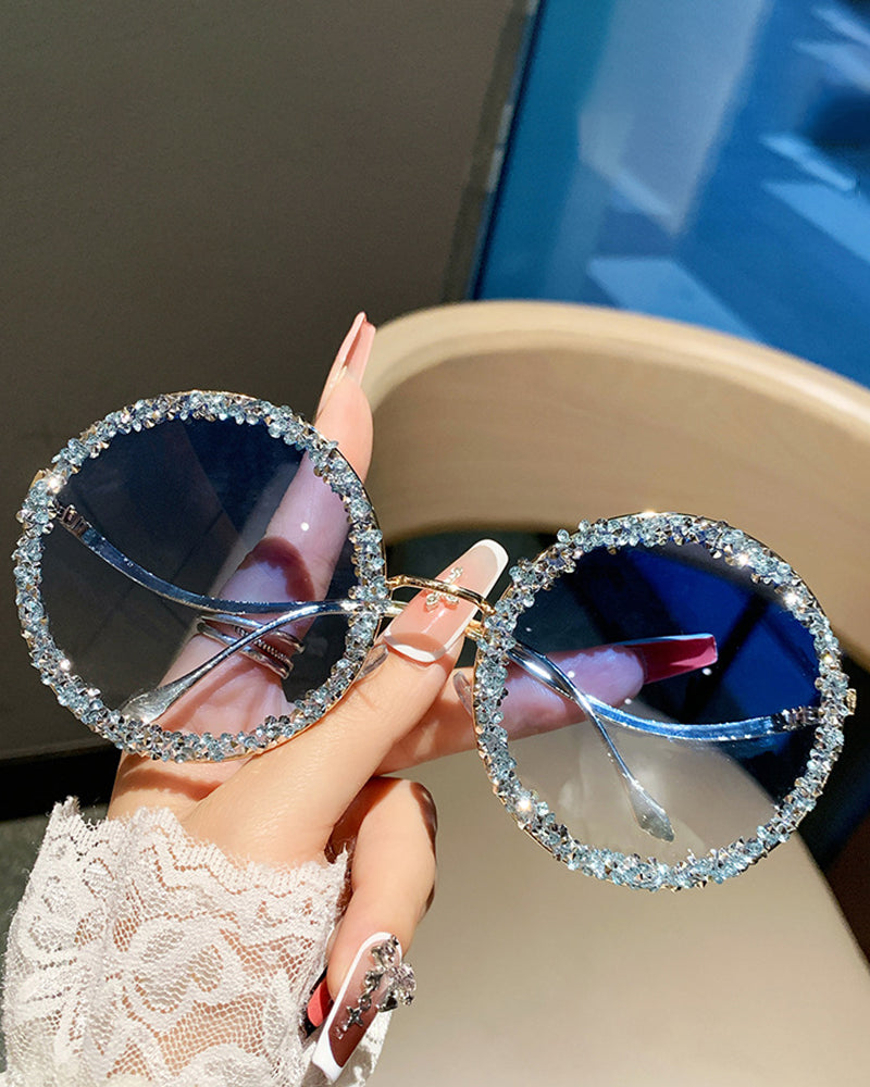 Rhinestone-encrusted Metal Round-frame Fashion Sunglasses