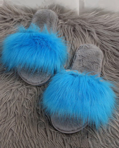 Solid Color Long Plush Fuzzy Flat Slippers