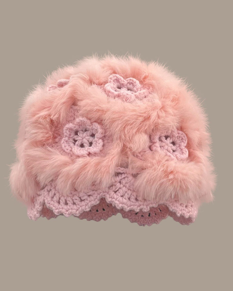 Hand-Crocheted Flower Openwork Angora Beanie