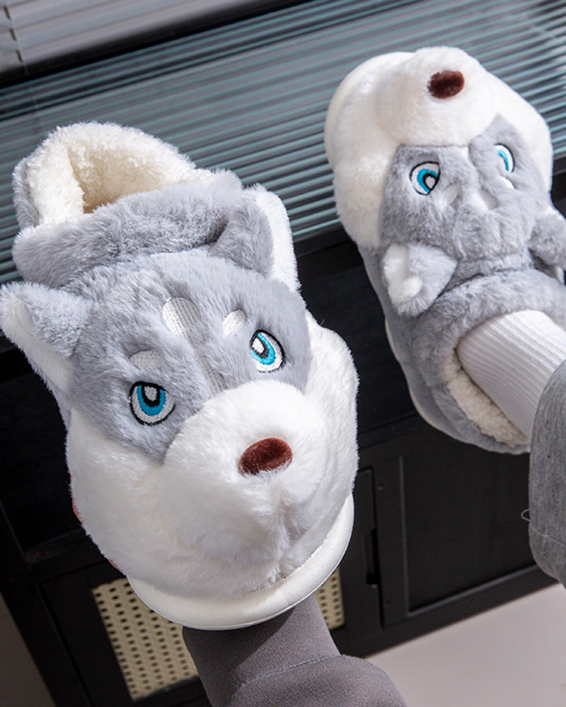 Plush Bag With Cute Husky Cartoon Home Cotton Slippers
