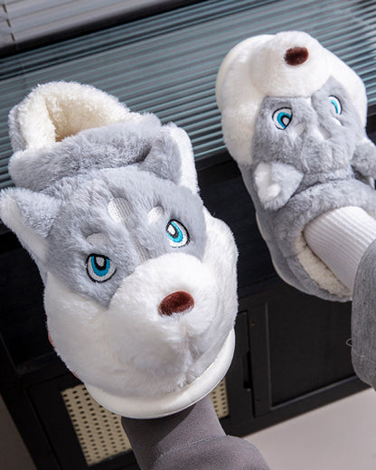 Plush Bag With Cute Husky Cartoon Home Cotton Slippers