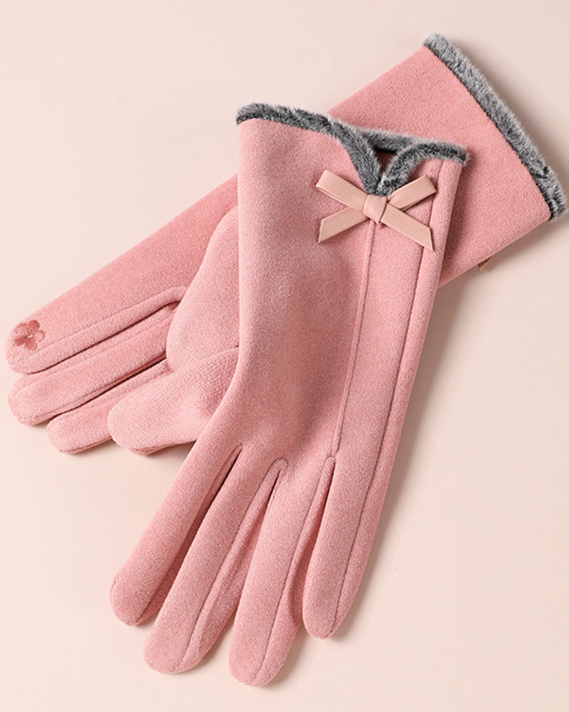 Fuzzy Plush Bow Accent Warm & Cold-Resistant Touchscreen Gloves