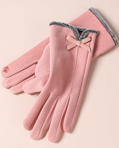 Fuzzy Plush Bow Accent Warm & Cold-Resistant Touchscreen Gloves