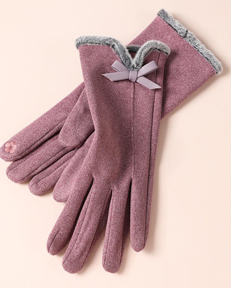 Fuzzy Plush Bow Accent Warm & Cold-Resistant Touchscreen Gloves