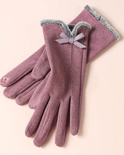 Fuzzy Plush Bow Accent Warm & Cold-Resistant Touchscreen Gloves