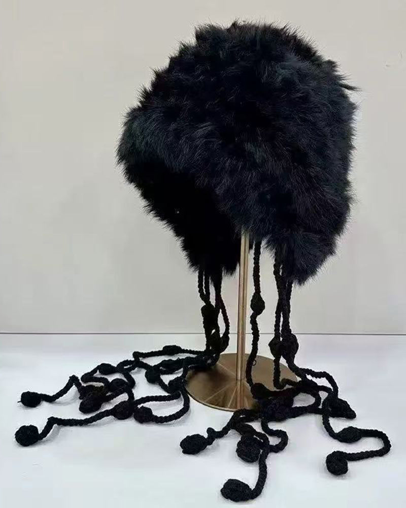 Hand-Knitted Rabbit Fur Plush Ear-Flap Hat