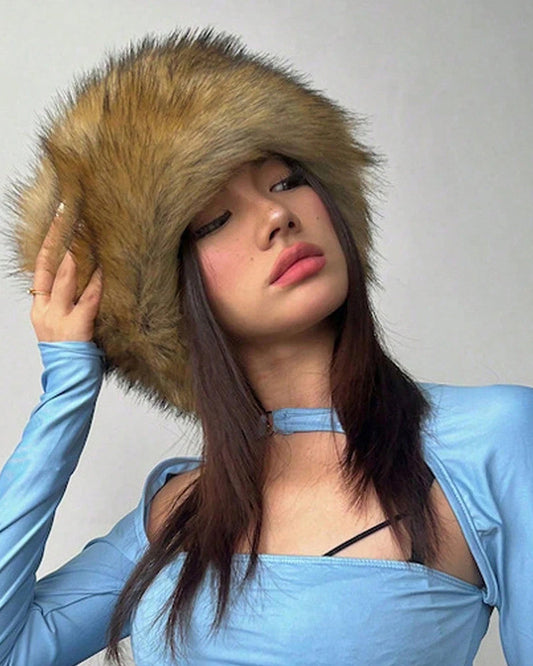 Open-Top Faux Fox Fur Warm Beanie