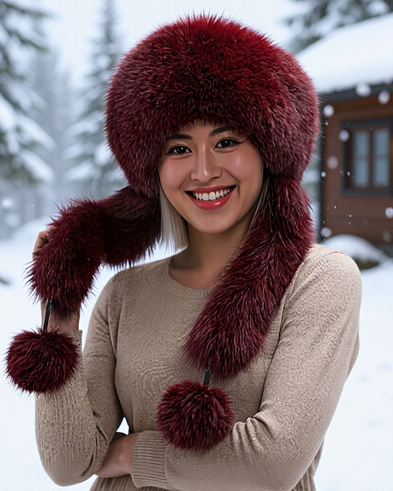 Women's Dome-Shaped Fox Fur Wide Brim Pom-Pom Hat