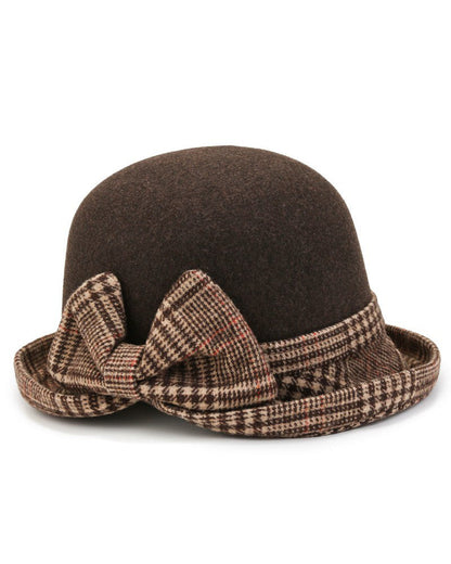 Plaid Bow Tweed Warm Bucket Hat