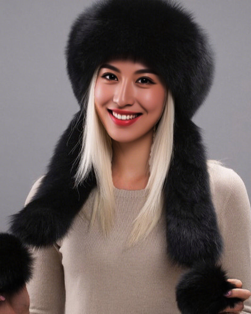 Women's Dome-Shaped Fox Fur Wide Brim Pom-Pom Hat