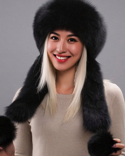 Women's Dome-Shaped Fox Fur Wide Brim Pom-Pom Hat