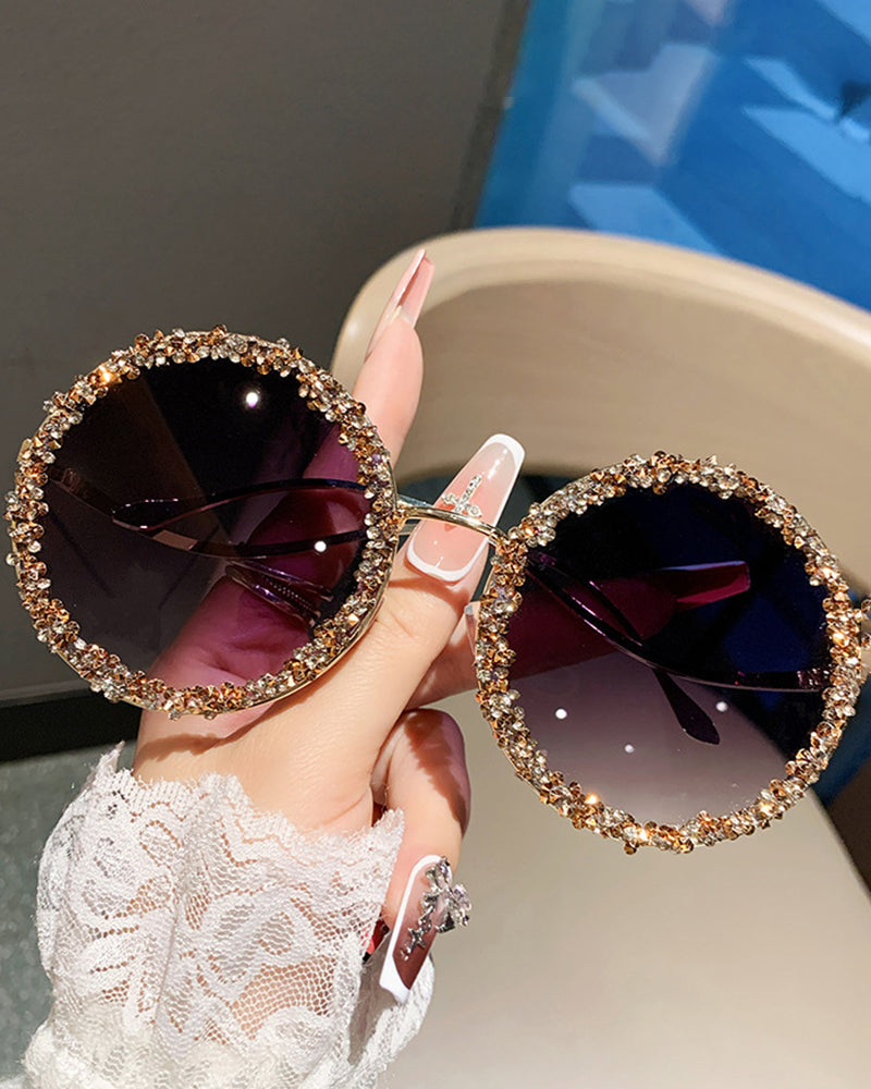 Rhinestone-encrusted Metal Round-frame Fashion Sunglasses