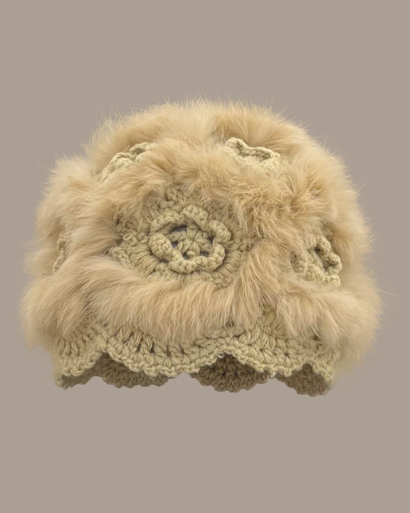 Hand-Crocheted Flower Openwork Angora Beanie