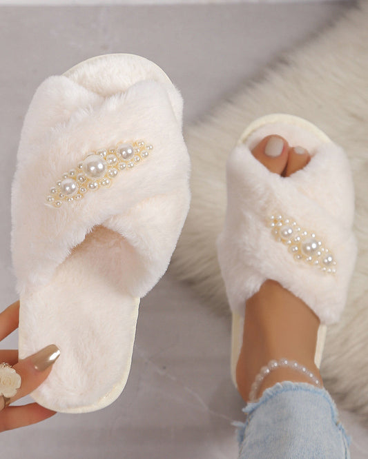 Warm Fuzzy Plush Pearl Criss Cross Flat Slippers