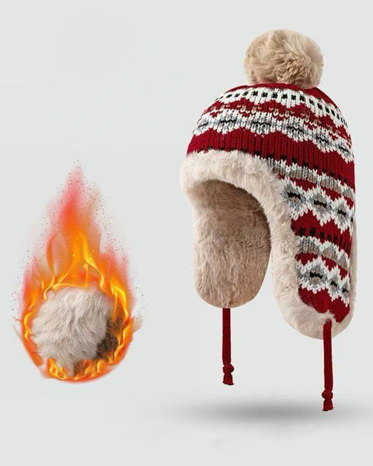 Bohemian Knit Trapper Hat with Pom-Pom | Fleece-Lined Ear-Flap & Warm Cozy Design