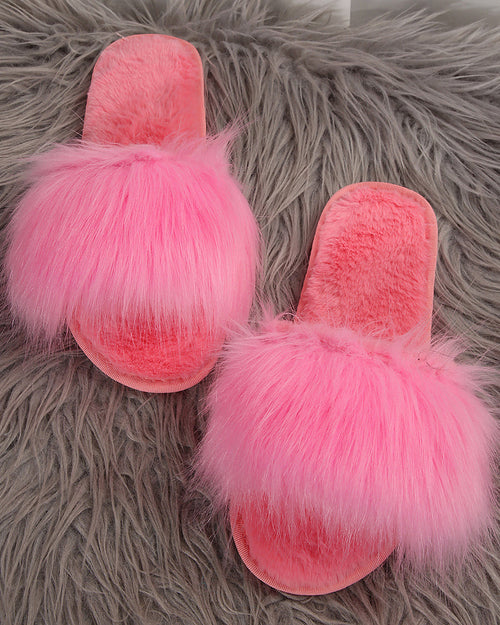 Solid Color Long Plush Fuzzy Flat Slippers
