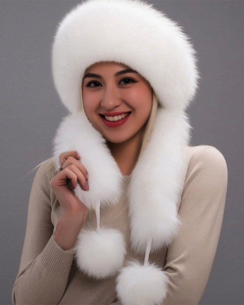 Women's Dome-Shaped Fox Fur Wide Brim Pom-Pom Hat