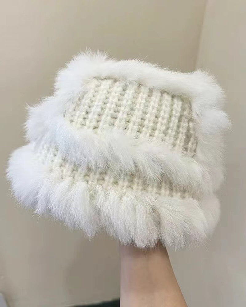 Rabbit Fur Knitted Earflap Wool Thermal Bucket Hat