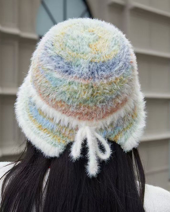 High-Quality Plush Gradient Color Block Warm Knit Bucket Hat