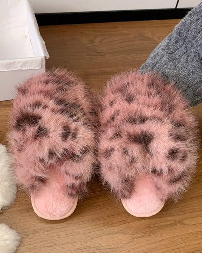 Leopard Print Fluffy Long Plush Closed Toe Warm Cotton Slippers