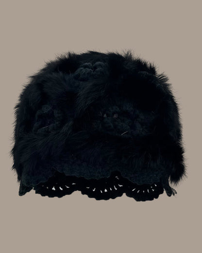 Hand-Crocheted Flower Openwork Angora Beanie