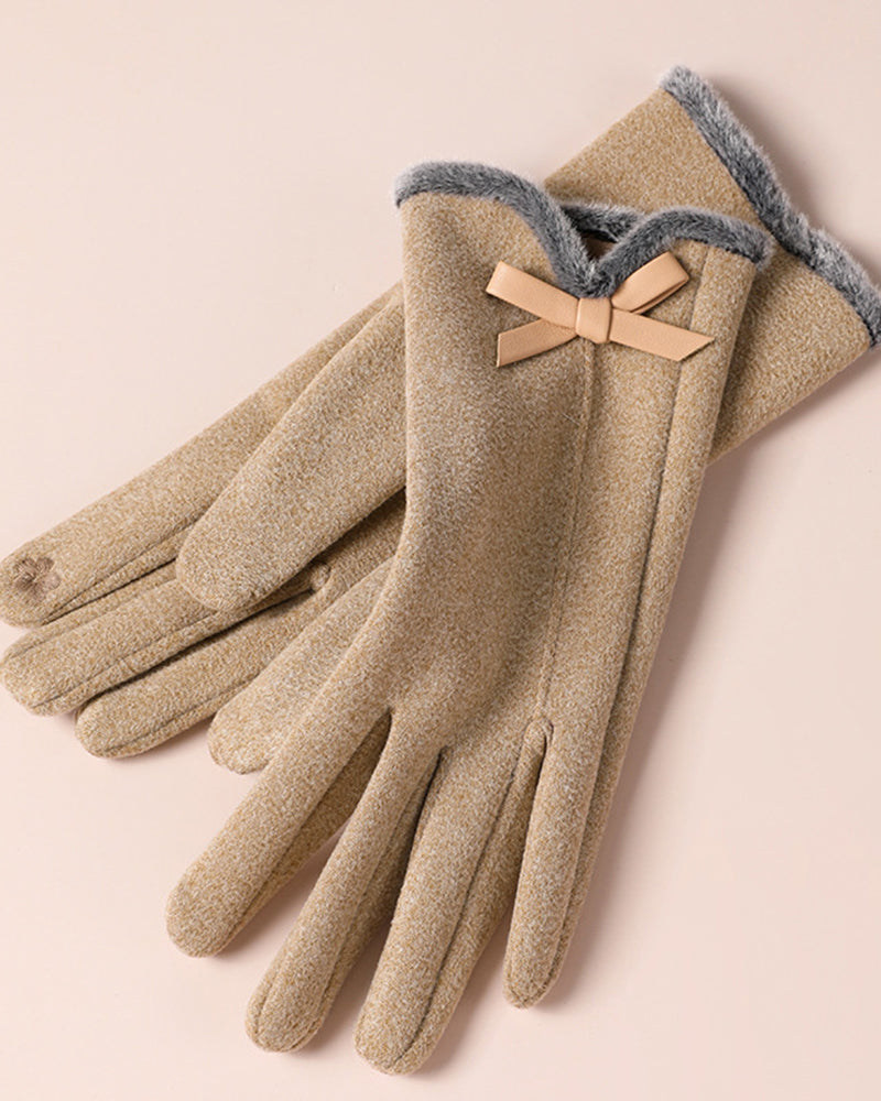 Fuzzy Plush Bow Accent Warm & Cold-Resistant Touchscreen Gloves