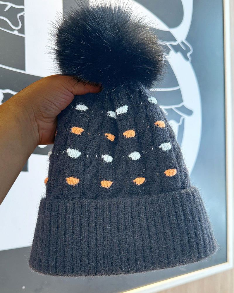 Knitted Fleece-Lined Pom-Pom Hat