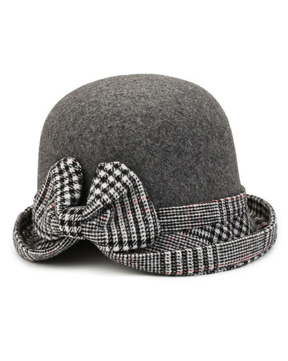 Plaid Bow Tweed Warm Bucket Hat
