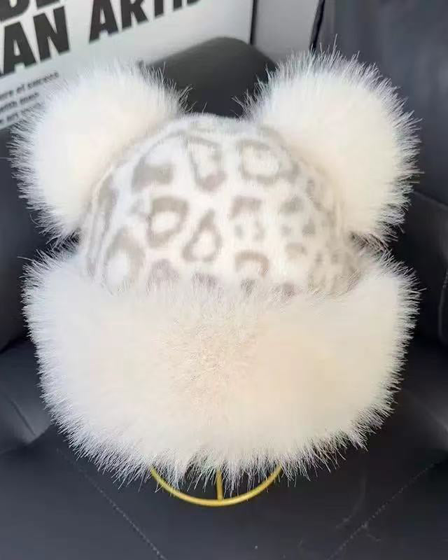 Autumn And Winter Bear Ears Thickened Warm Ear Protection Leopard Plush Mongolian Hat