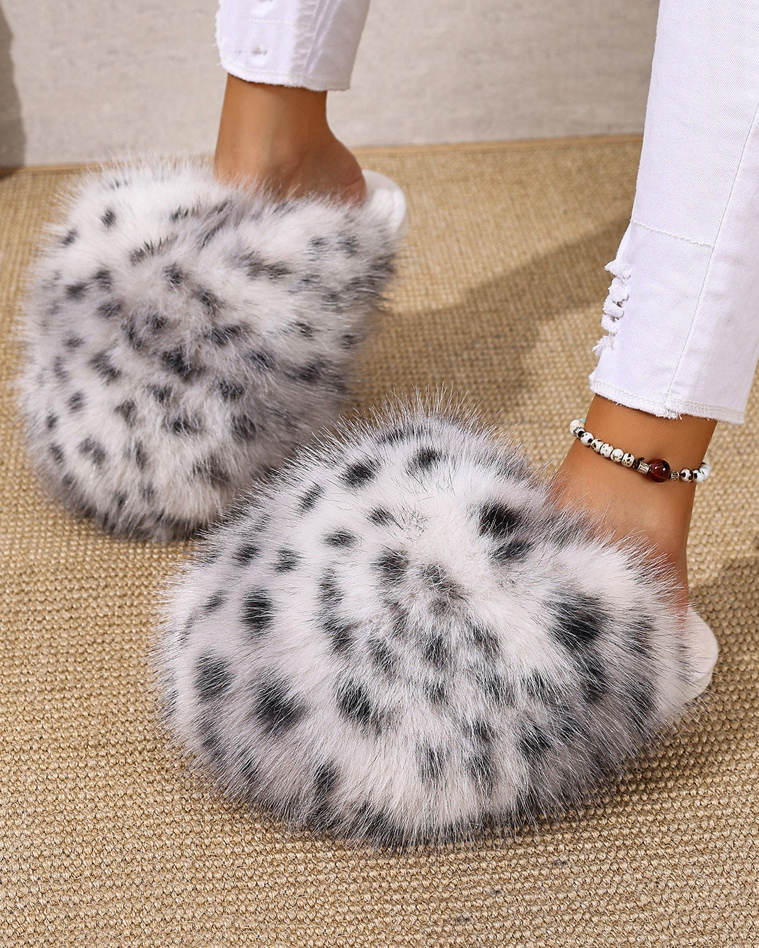 Leopard Print Fluffy Long Plush Closed Toe Warm Cotton Slippers