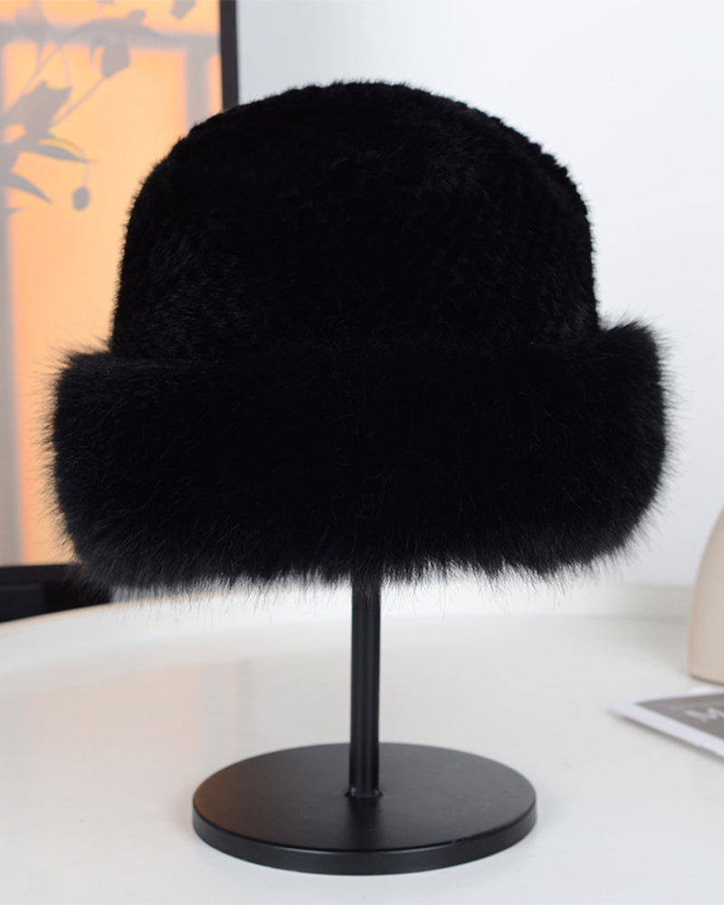 Fox Fur Knitted Texture Thermal Bucket Hat