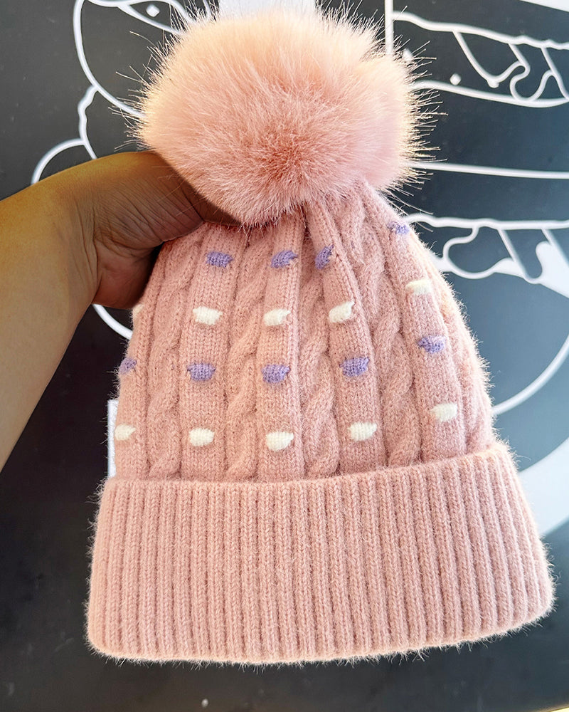Knitted Fleece-Lined Pom-Pom Hat