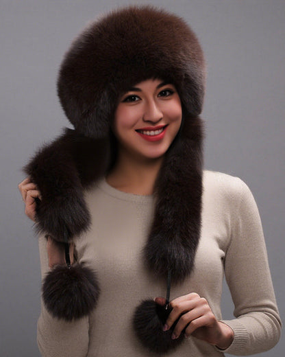 Women's Dome-Shaped Fox Fur Wide Brim Pom-Pom Hat