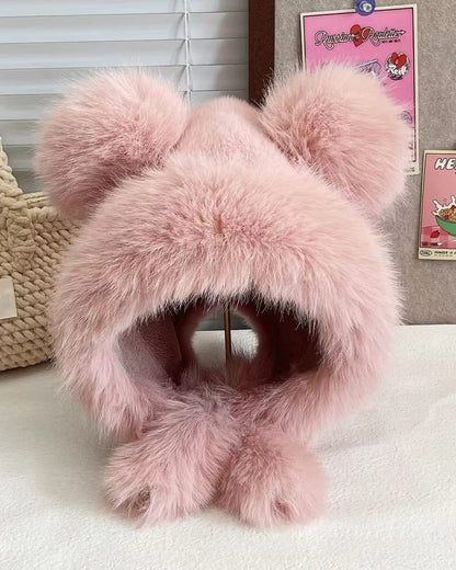Thick Warm Winter Bear Plush Ear Flap Hat
