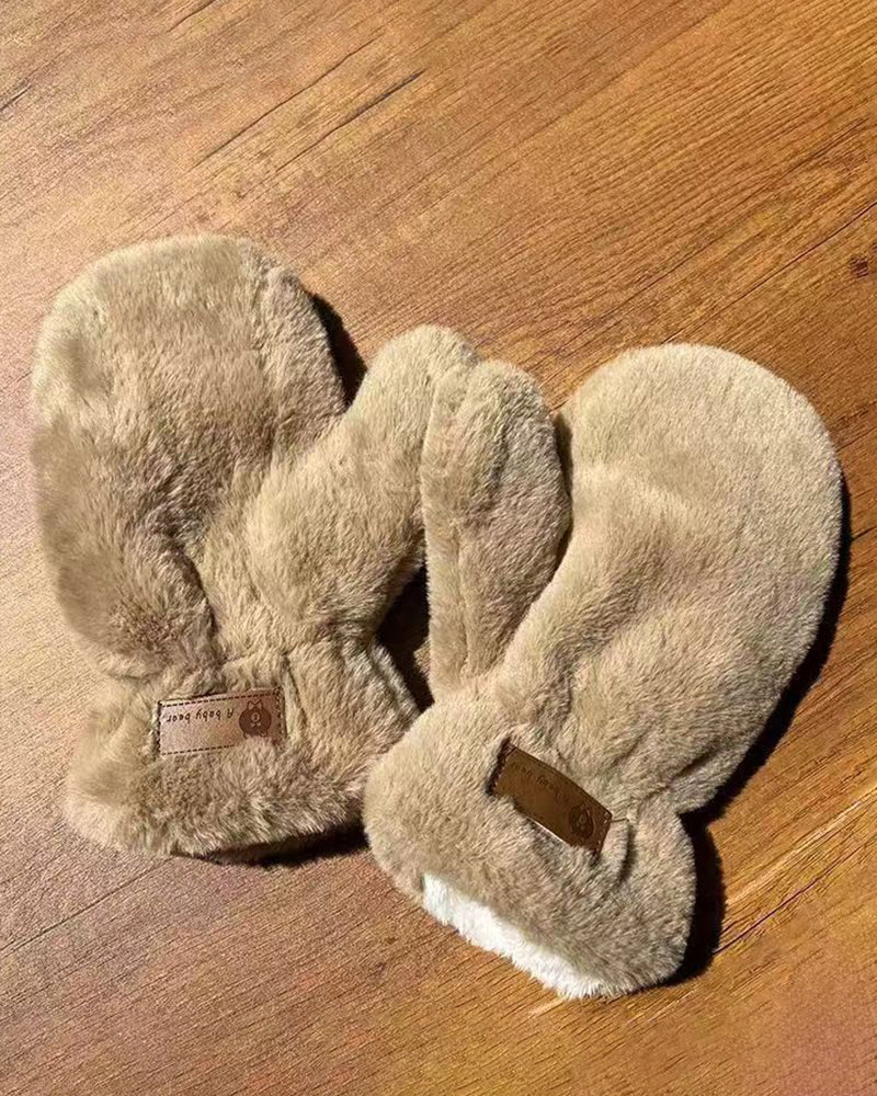 Angora Solid Color Leather Patch Thickened Insulated Gloves