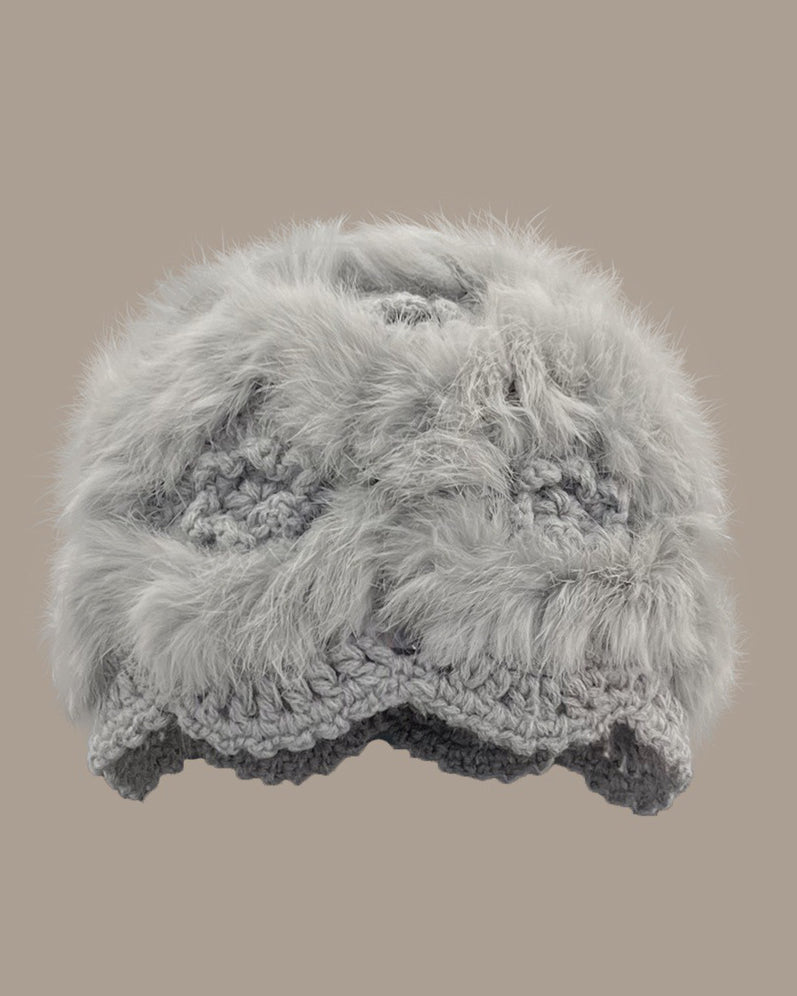 Hand-Crocheted Flower Openwork Angora Beanie